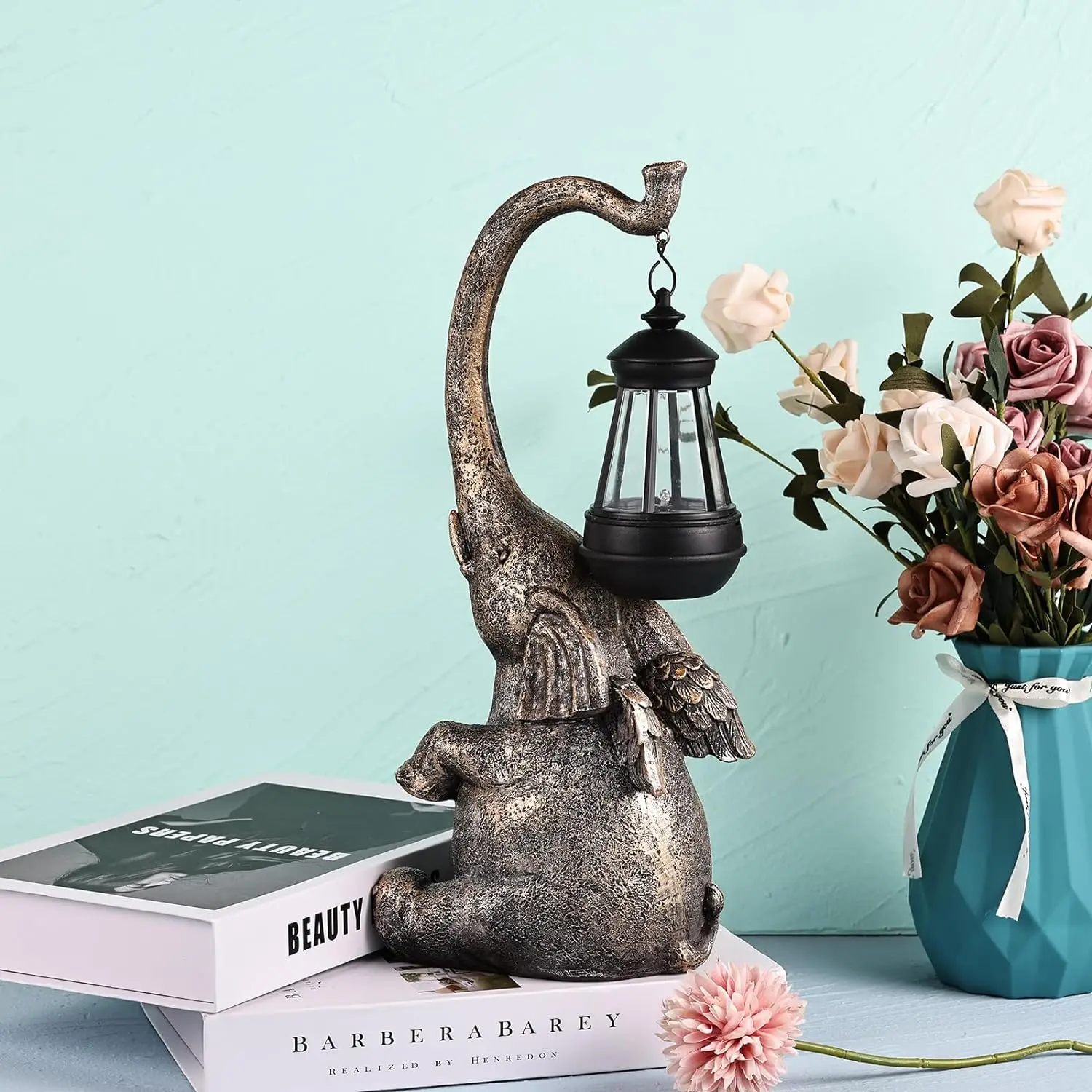 Solar-Powered 15-Inch White Elephant Yard Statue: Charming Garden Decor and Thoughtful Birthday Gift for Mom's Outdoor Spaces, Featuring Elephant Ornaments