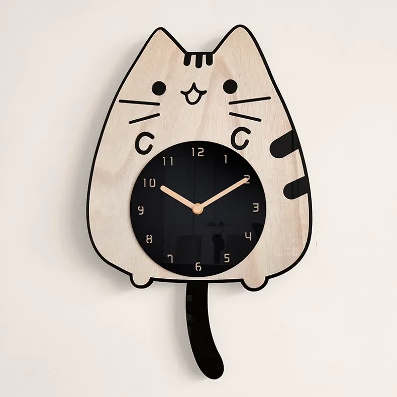 Whimsical 3D Wooden Cartoon Cats Pendulum Clock Playful Home Decor with Swinging Tails, Perfect for Children's Rooms