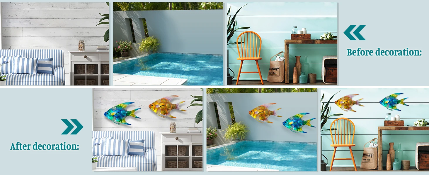 2Pcs Metal Fish Ornaments Stunning Wall Art for Indoor and Outdoor Spaces, Perfect for Poolside, Patio, Living Room, and Bathroom