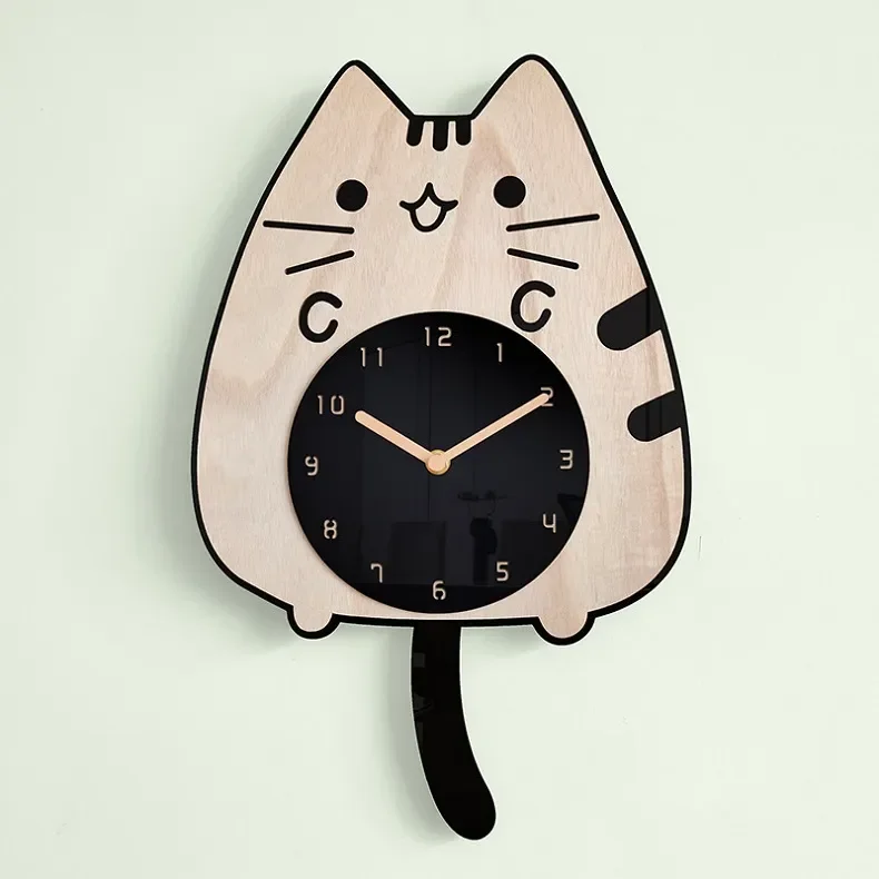 Whimsical 3D Wooden Cartoon Cats Pendulum Clock Playful Home Decor with Swinging Tails, Perfect for Children's Rooms