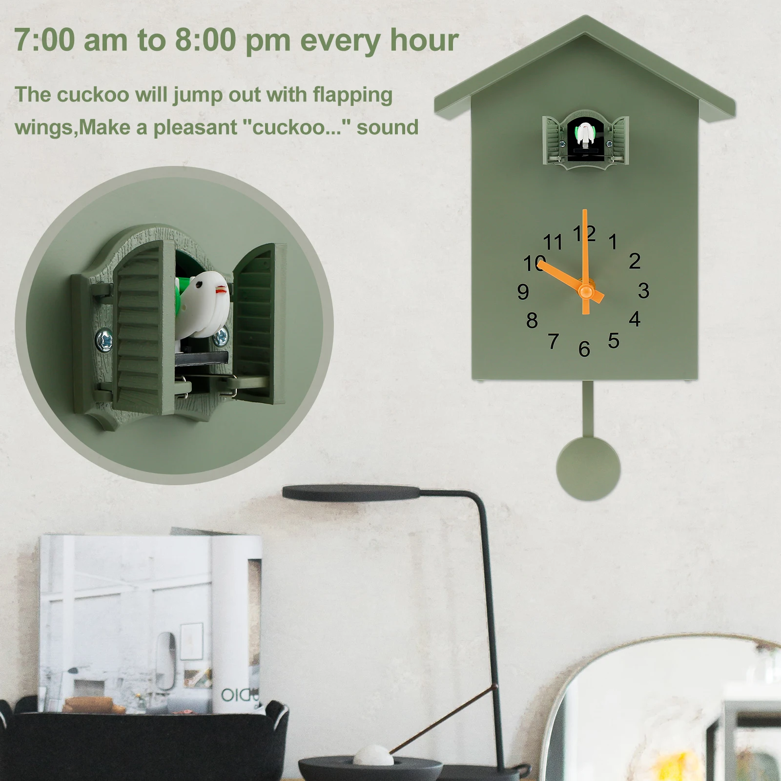 Battery-Powered Cuckoo Wall Clock Pendulum and Delicate Bird Sound for Living Room Decor