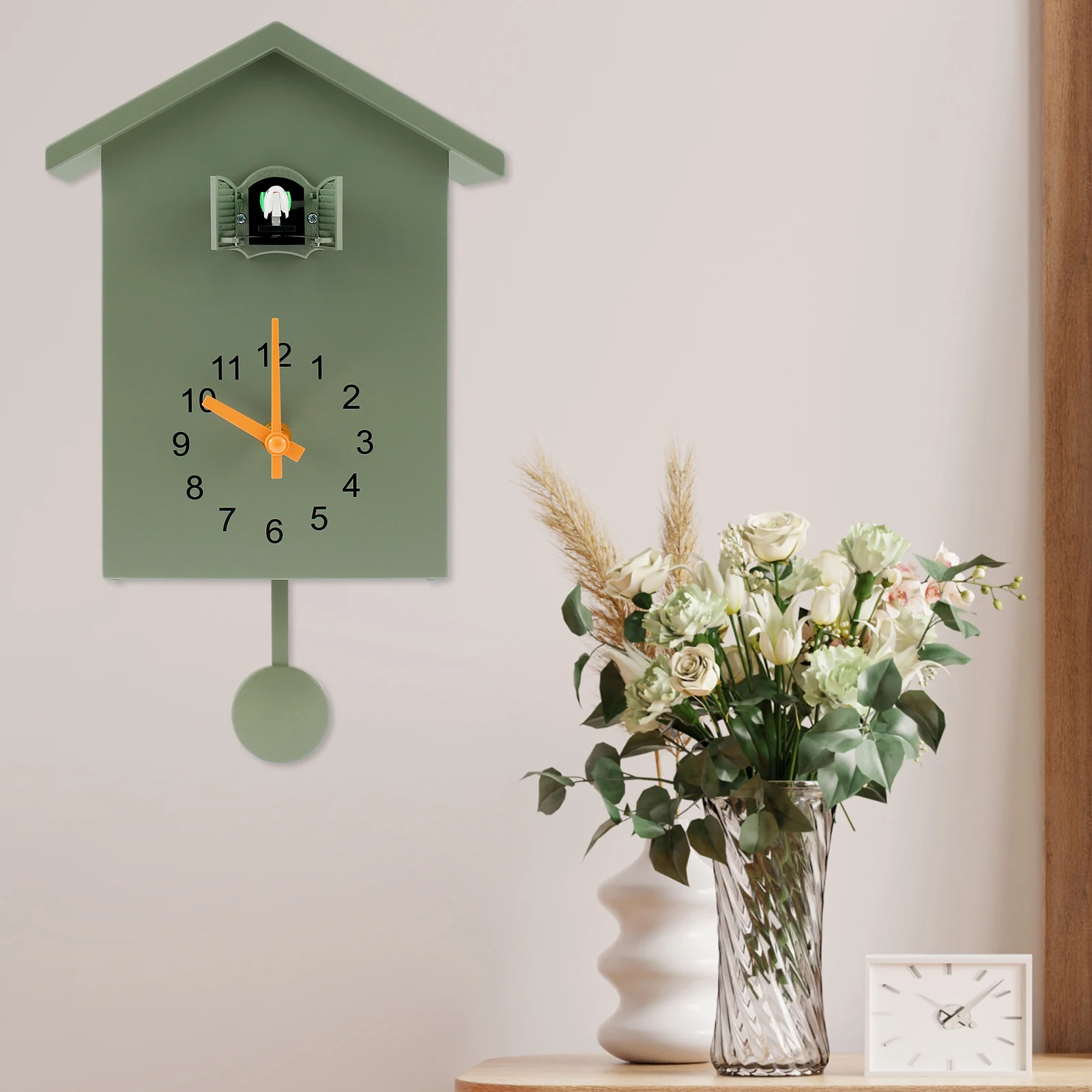 Battery-Powered Cuckoo Wall Clock Pendulum and Delicate Bird Sound for Living Room Decor