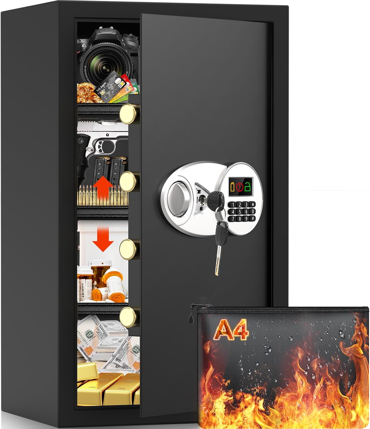 85L Feuertester Safe mit Dokumententasche & Regal