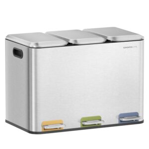 SONGMICS 3-Fach-Mülleimer Küche, 45 L, Metallic-Silber