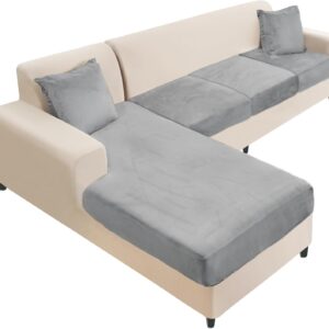 NAISI Samt-Sofabezug für L-Sofa, hellgrau, inkl. 2 Kissen