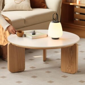 YESWOOD Couchtisch Rund Ø80 cm, Sinterstein & Eiche