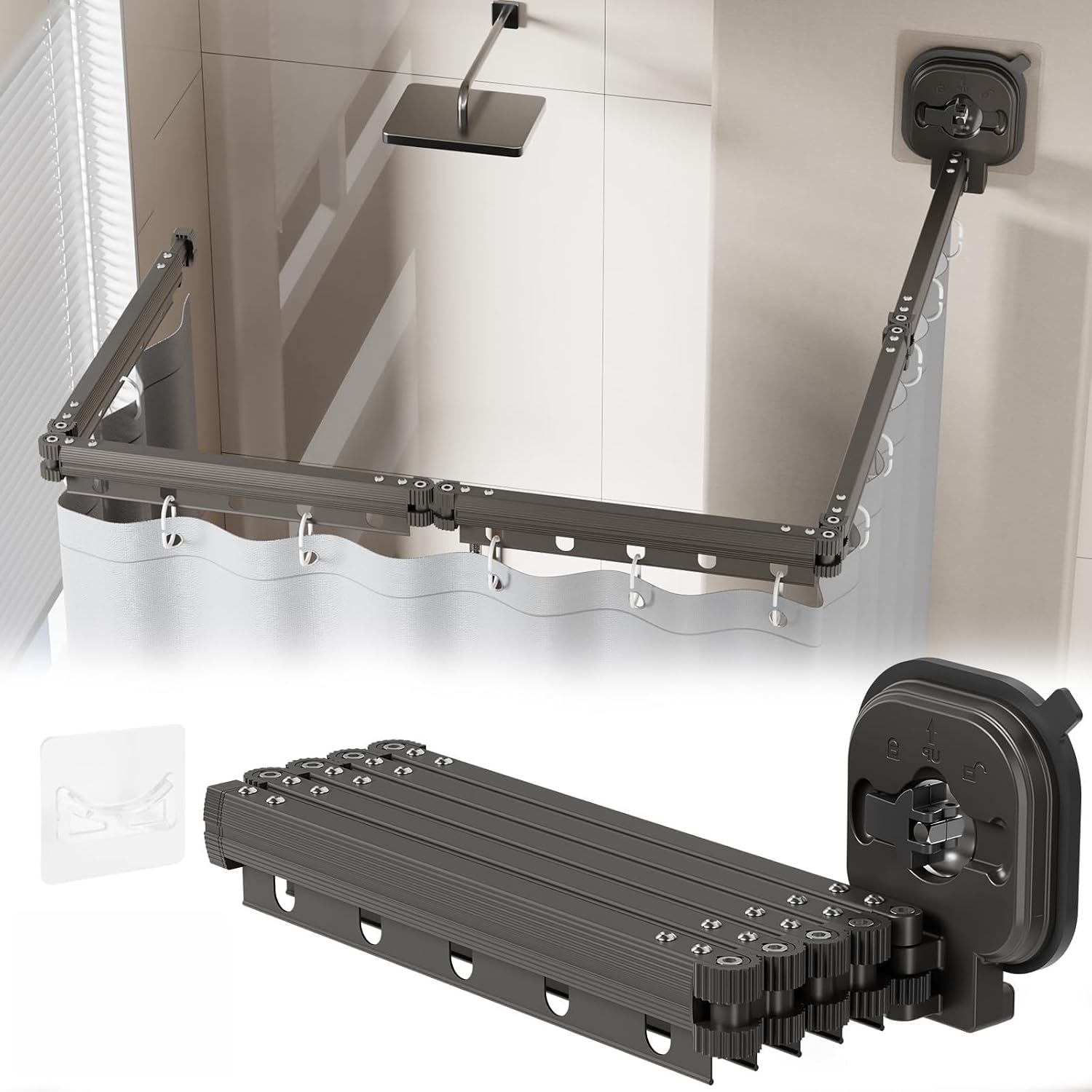 Faltbare Duschvorhangstange mit Vorhang – Komplettset