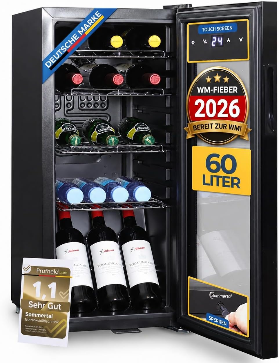 Sommertal Getränkekühlschrank 60L – Mini mit Glastür & Touch