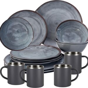 Melamin-Geschirrset Grau 16-teilig mit Edelstahl-Thermotassen