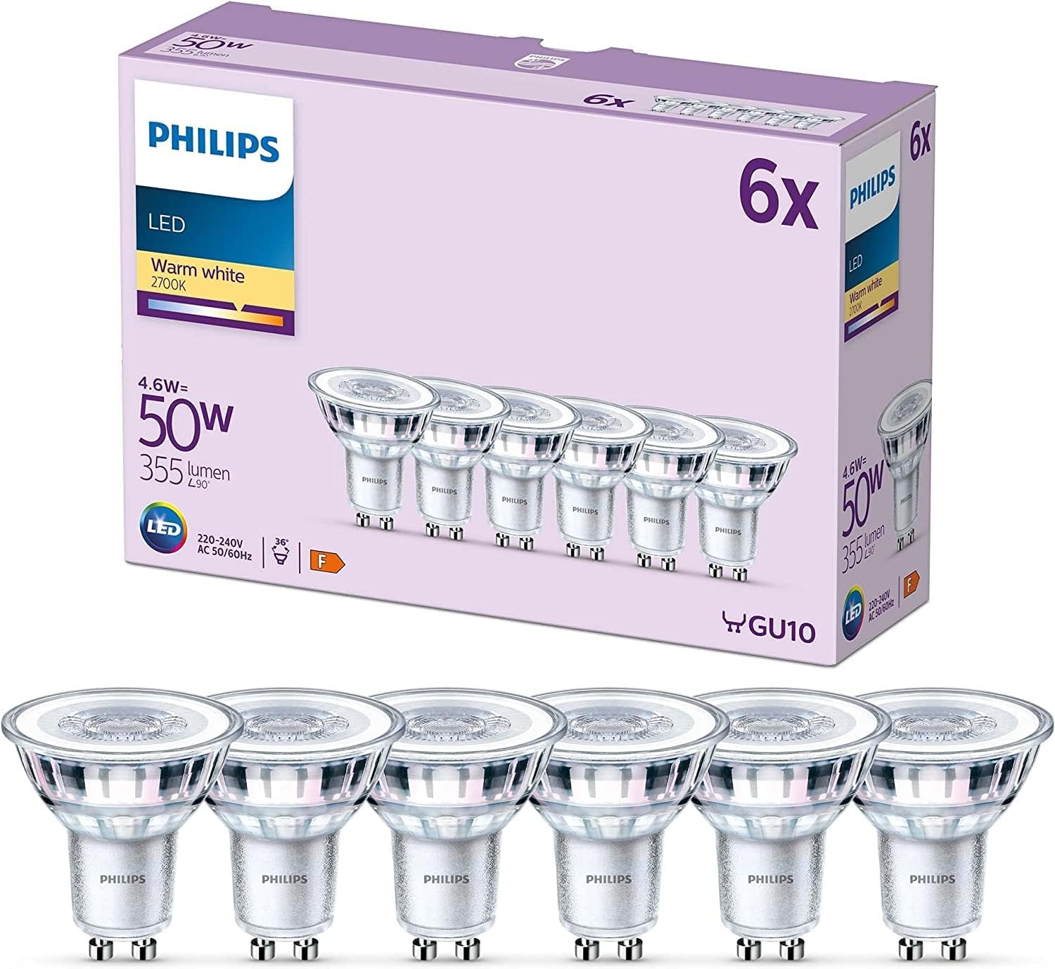 PHILIPS LED GU10 Spots 6er-Pack (50W), warmweiß